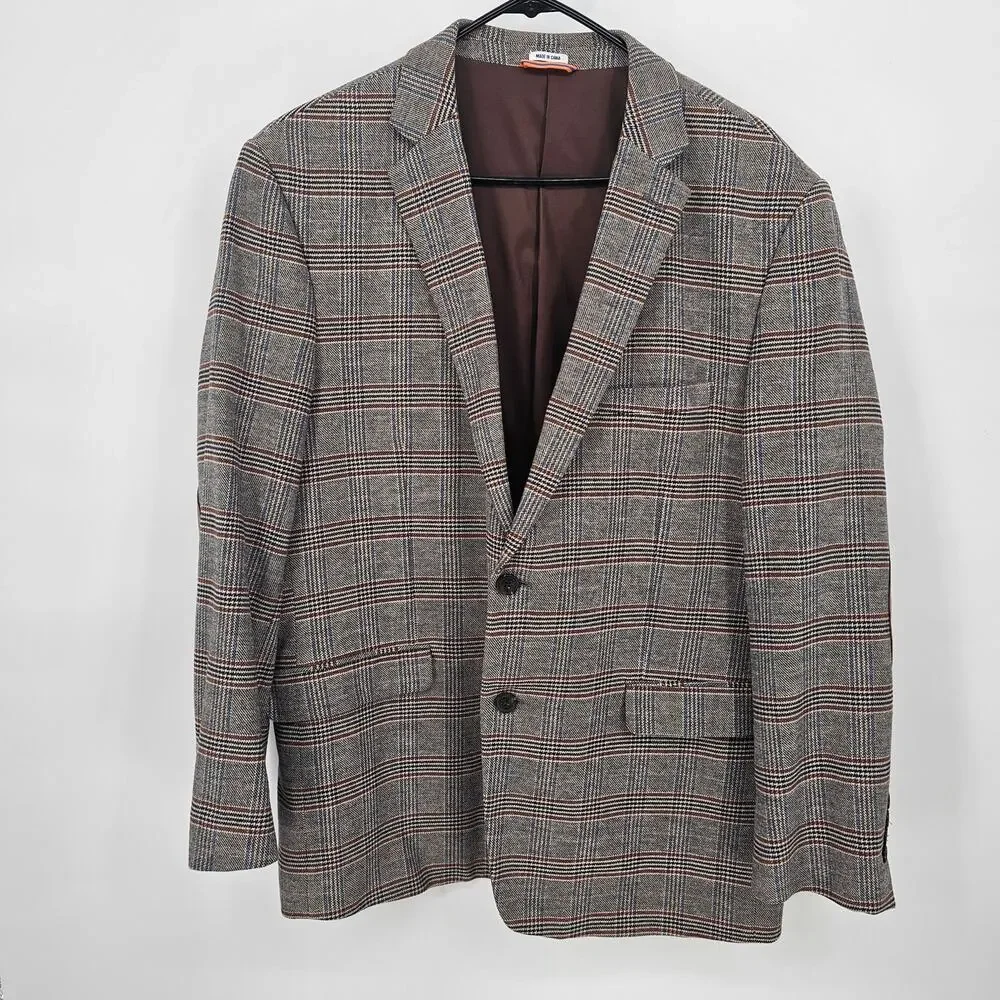 Crown & Ivy Brown Blue Plaid Cotton Two Button Elbow Patch Blazer Jacket Men 46R